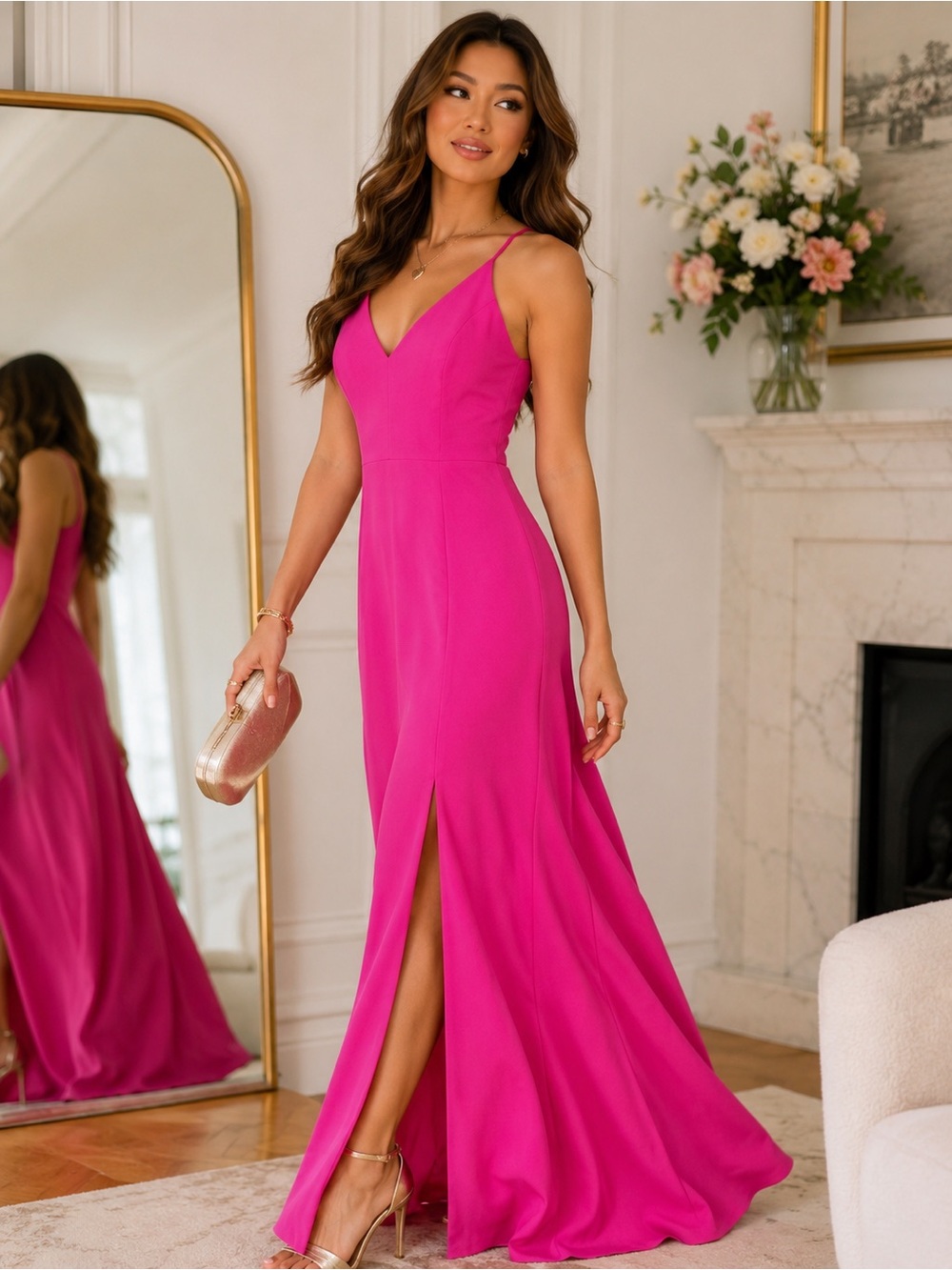Dress the Population Fuchsia V-Neck Sleeveless Maxi Gown